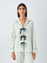 John Lewis Bow Stripe Button Through Long Pyjama Set, Light Sage