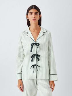 John Lewis Bow Stripe Button Through Long Pyjama Set, Light Sage, Light Sage