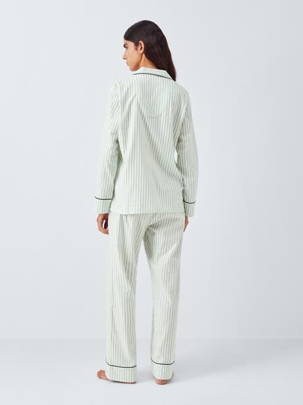 John Lewis Bow Stripe Button Through Long Pyjama Set, Light Sage - view 2, Light Sage