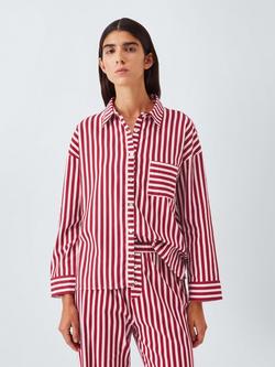 John Lewis Mixed Stripe Button Through Brushed Cotton Long Pyjama Set, Red/Pink, Red/Pink