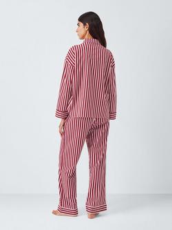 John Lewis Mixed Stripe Button Through Brushed Cotton Long Pyjama Set, Red/Pink - view 2, Red/Pink