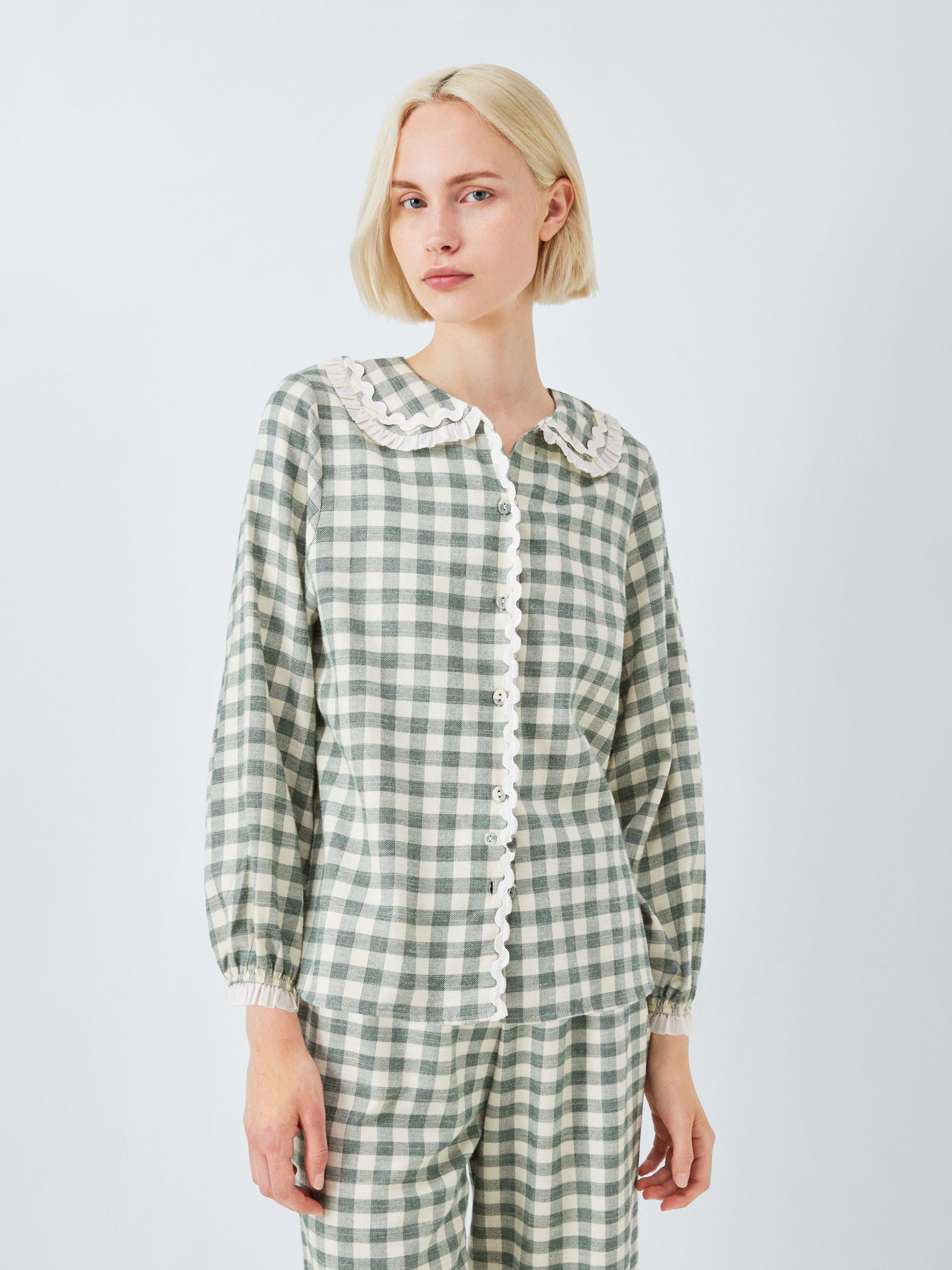 John Lewis Gingham Super Brushed Frill Long Pyjama Set, Scarab
