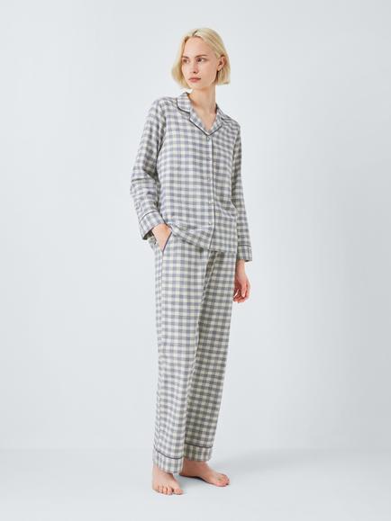 John Lewis Brushed Cotton Gingham Pyjama Set, Crown Blue/Ivory