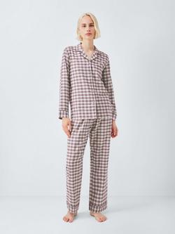John Lewis Brushed Cotton Gingham Pyjama Set - view 2, Fig/Ivory