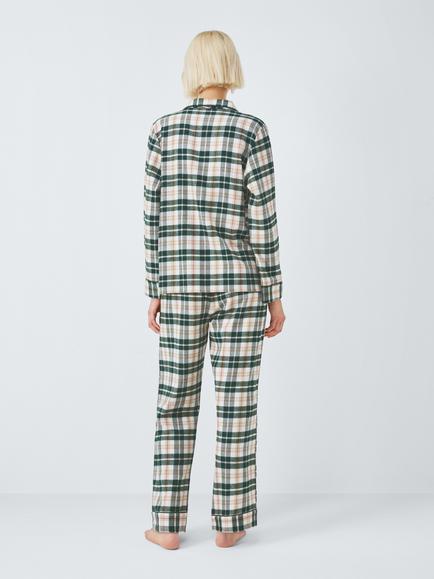 John Lewis Yarn Dyed Super Brushed Check Long Pyjama Set, Ivory/Green - view 2, Ivory/Green