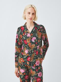 John Lewis Floral Tiger Brushed Cotton Pyjama Shirt, Green, Green