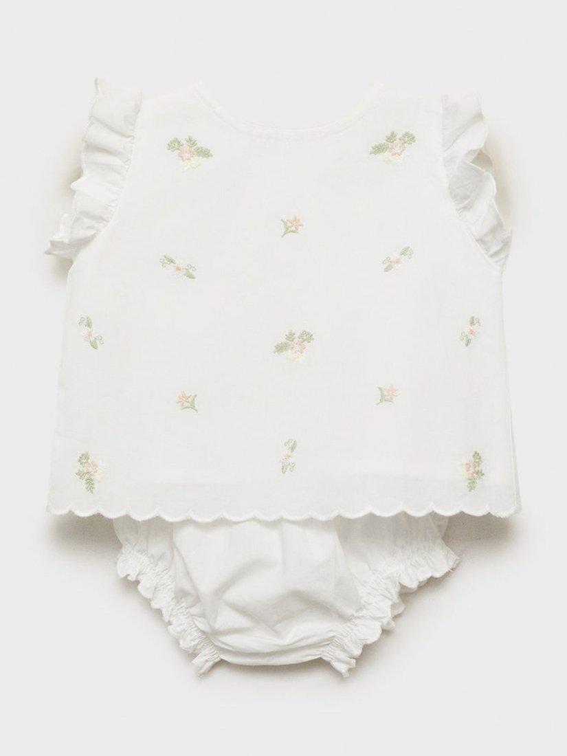 Mango Baby Lis Cotton Floral Embroidery Frill Dress, Natural White