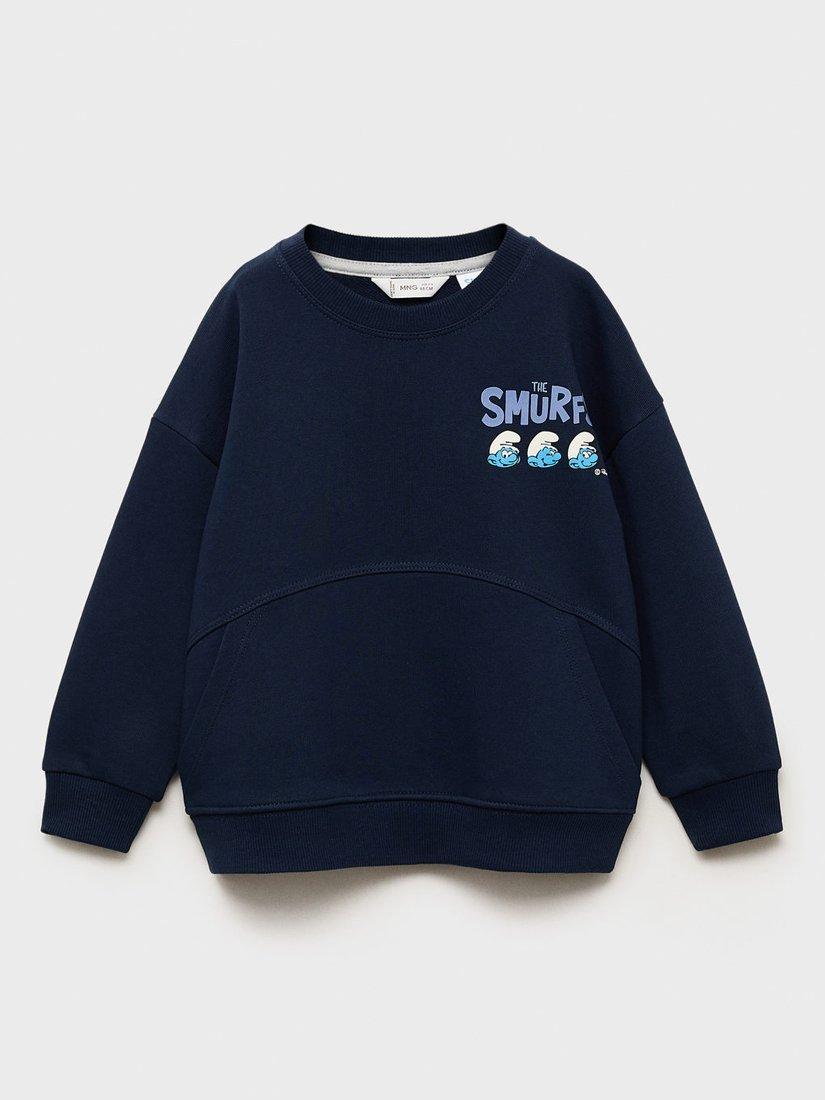 Product image 1 of 4, which shows Mango Kids' Smurf Sweatshirt, Navy, 18-24 months