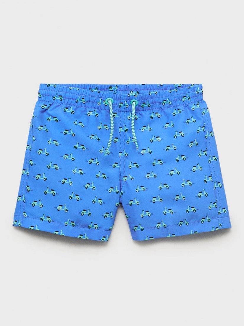 Product image 1 of 4, which shows Mango Kids' Drawstring Motorbike Print Swim Shorts, Medium Blue, 12-18 months