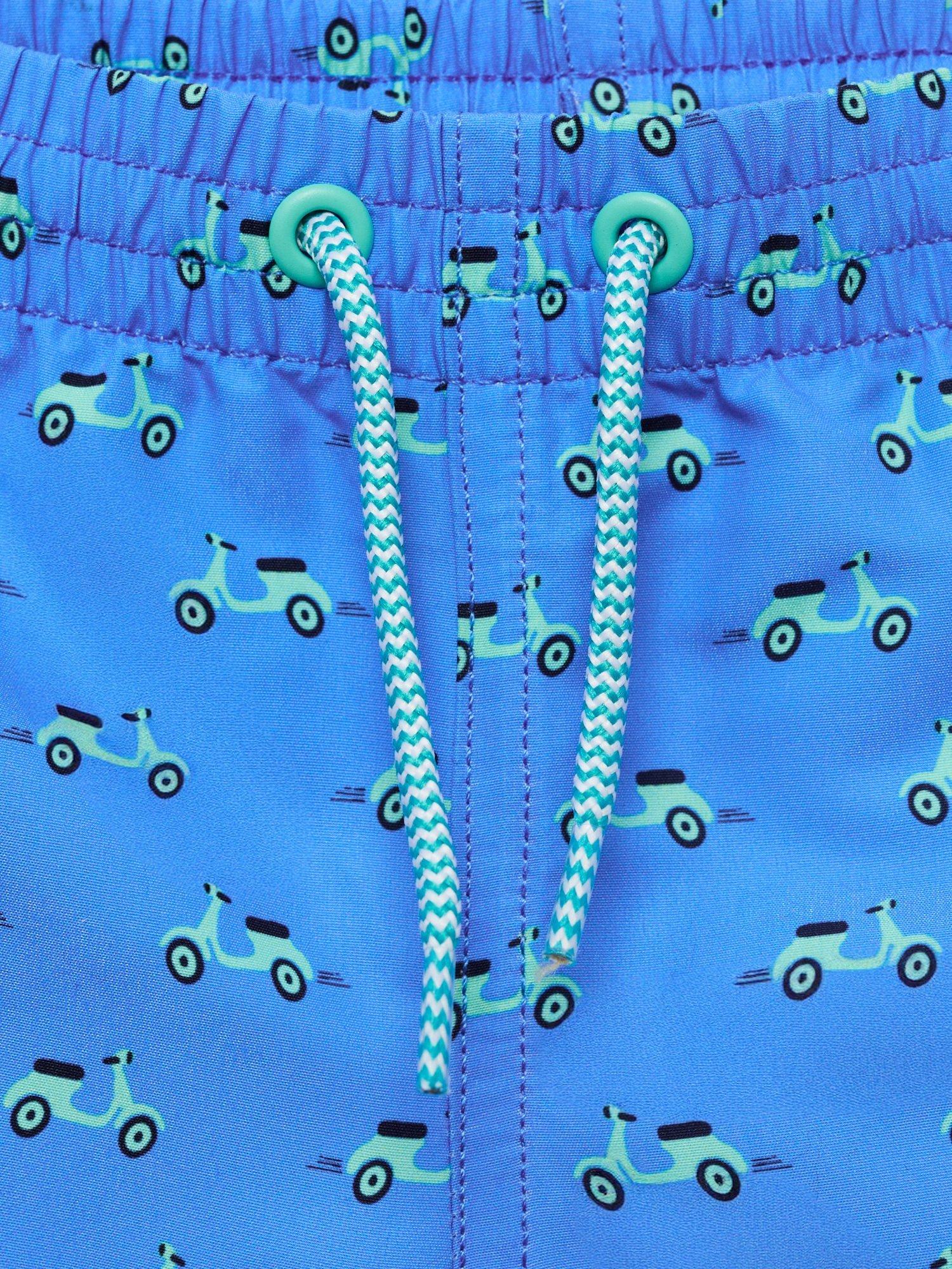 Product image 4 of 4, which shows Mango Kids' Drawstring Motorbike Print Swim Shorts, Medium Blue, 12-18 months
