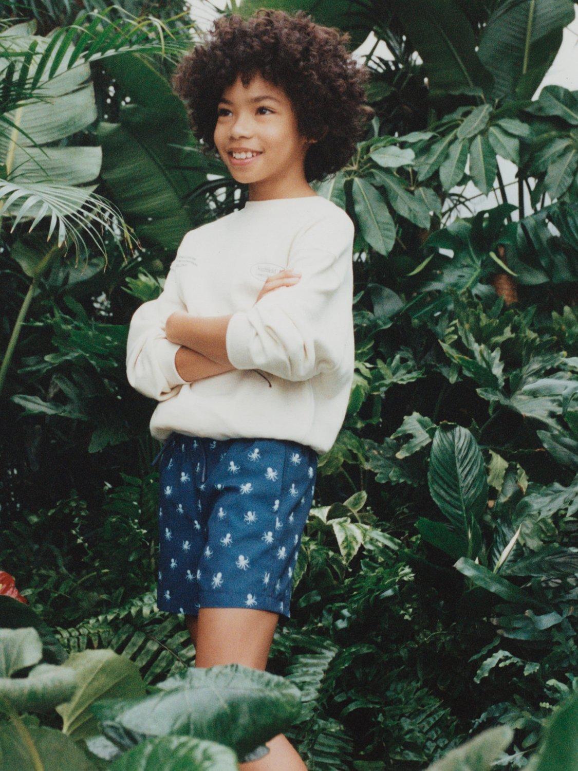 Product image 1 of 5, which shows Mango Kids' Pulpokb Octopus Print Drawstring Swim Shorts, Navy, 11-12 years