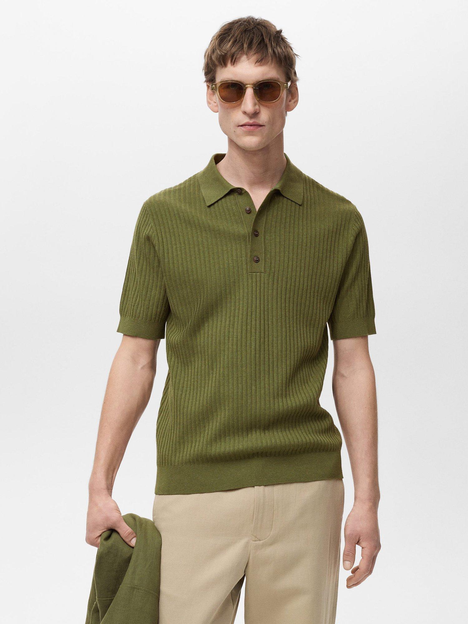 Product image 1 of 8, which shows Mango Paule Ribbed Cotton Blend Polo Shirt, Green, L