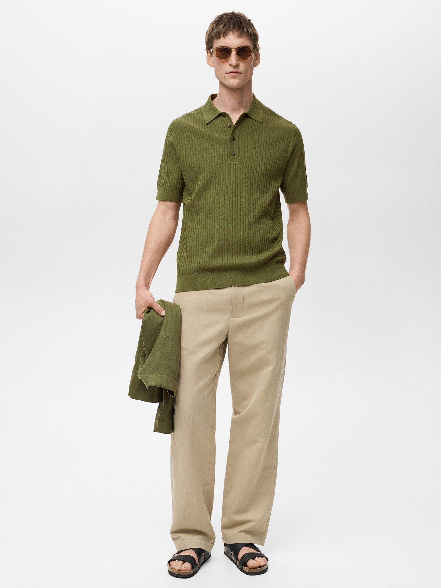 Product image 2 of 8, which shows Mango Paule Ribbed Cotton Blend Polo Shirt, Green, L