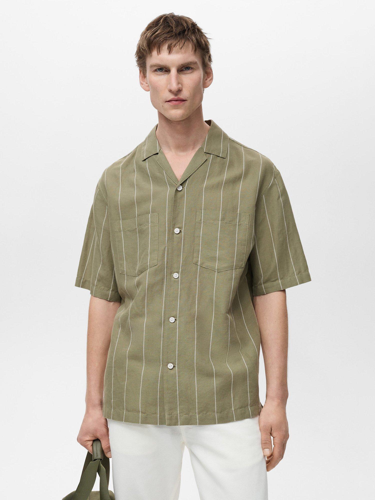 Product image 1 of 8, which shows Mango Essauira Stripe Linen Short Sleeve Shirt, Green, L