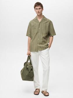 Mango Essauira Stripe Linen Short Sleeve Shirt, Green - view 2, Green