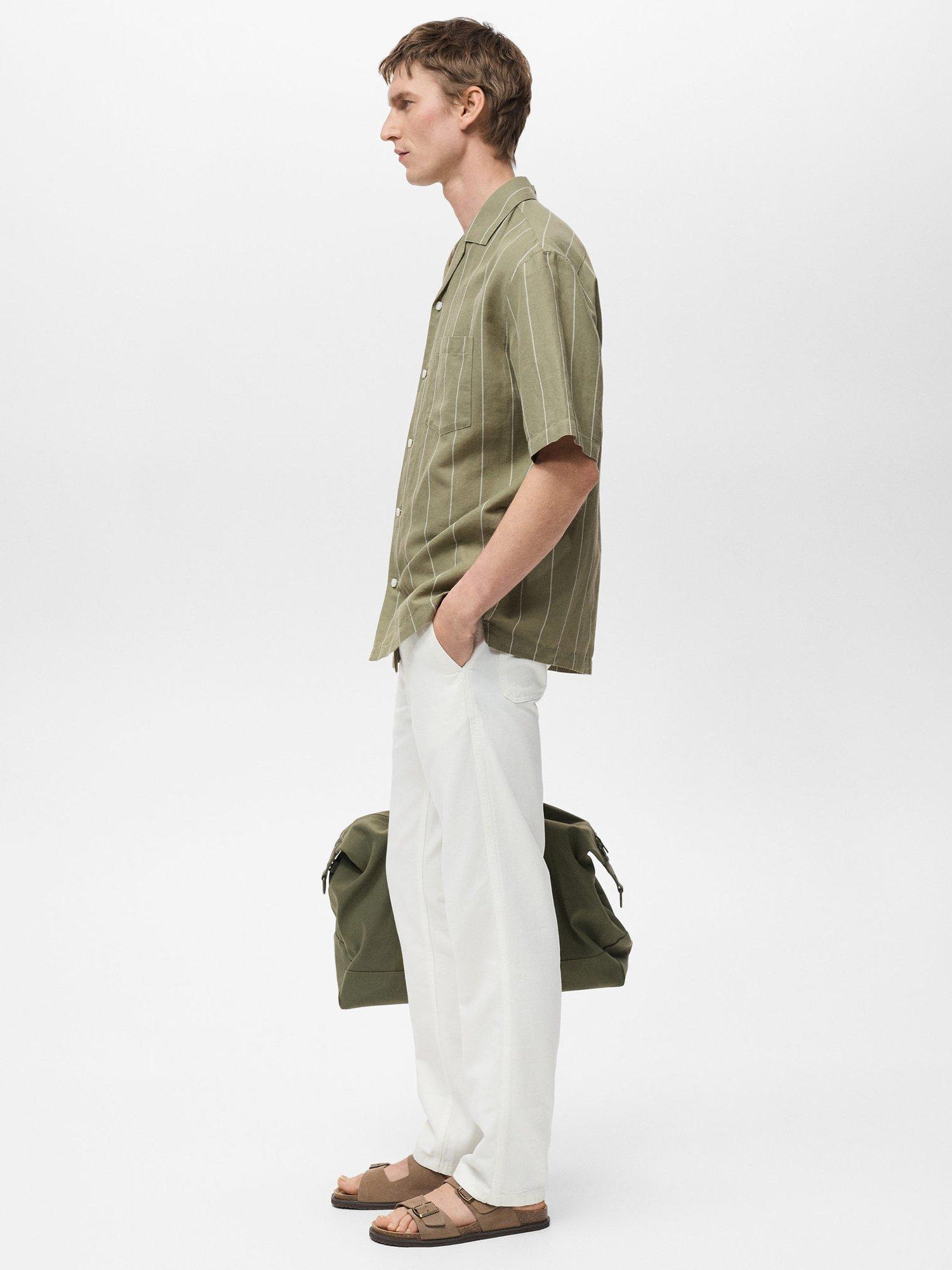 Product image 6 of 8, which shows Mango Essauira Stripe Linen Short Sleeve Shirt, Green, L