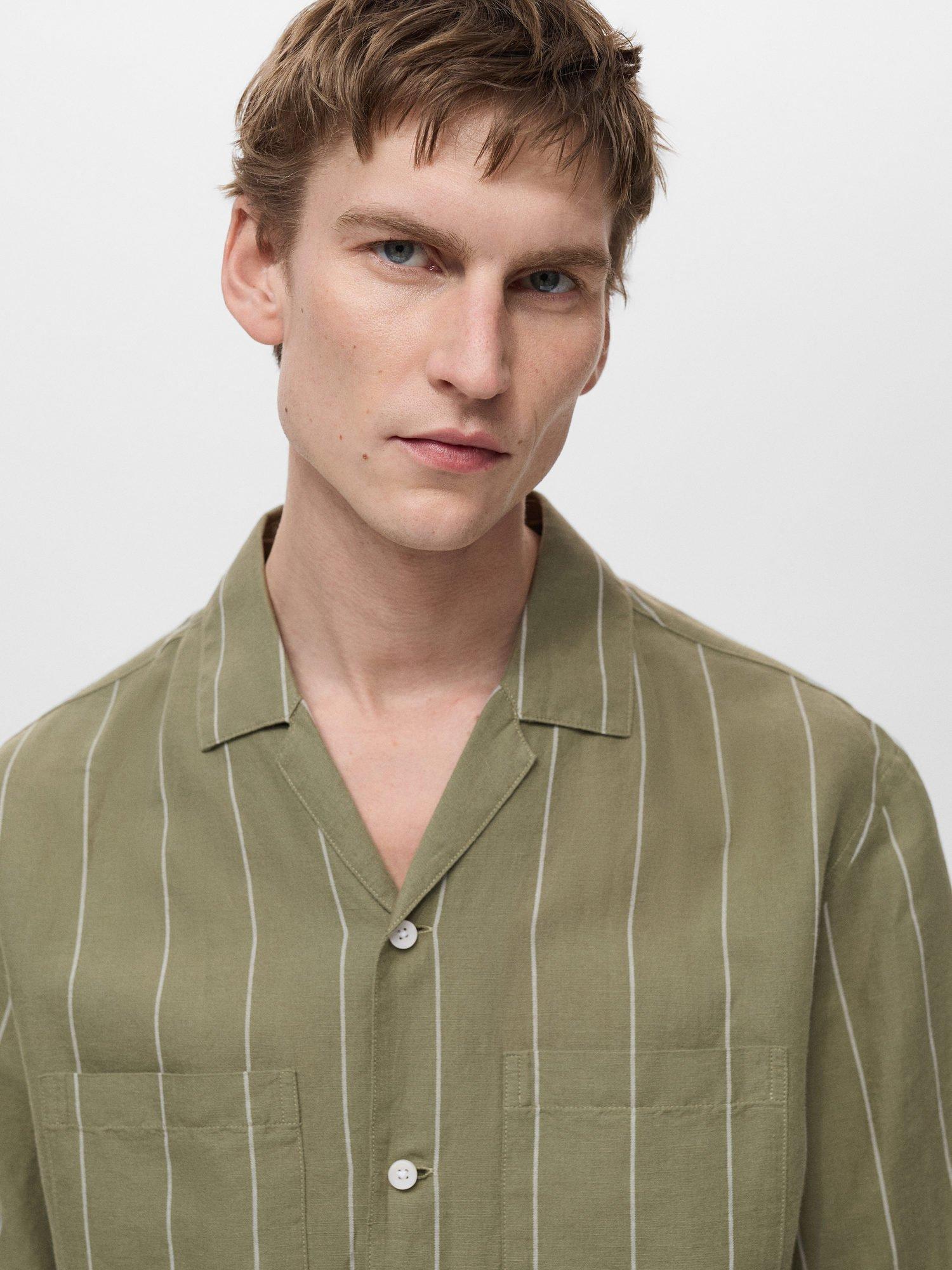 Product image 7 of 8, which shows Mango Essauira Stripe Linen Short Sleeve Shirt, Green, L