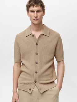 Mango Pierola Knit Regular Fit Short Sleeve Shirt, Light Beige, Light Beige