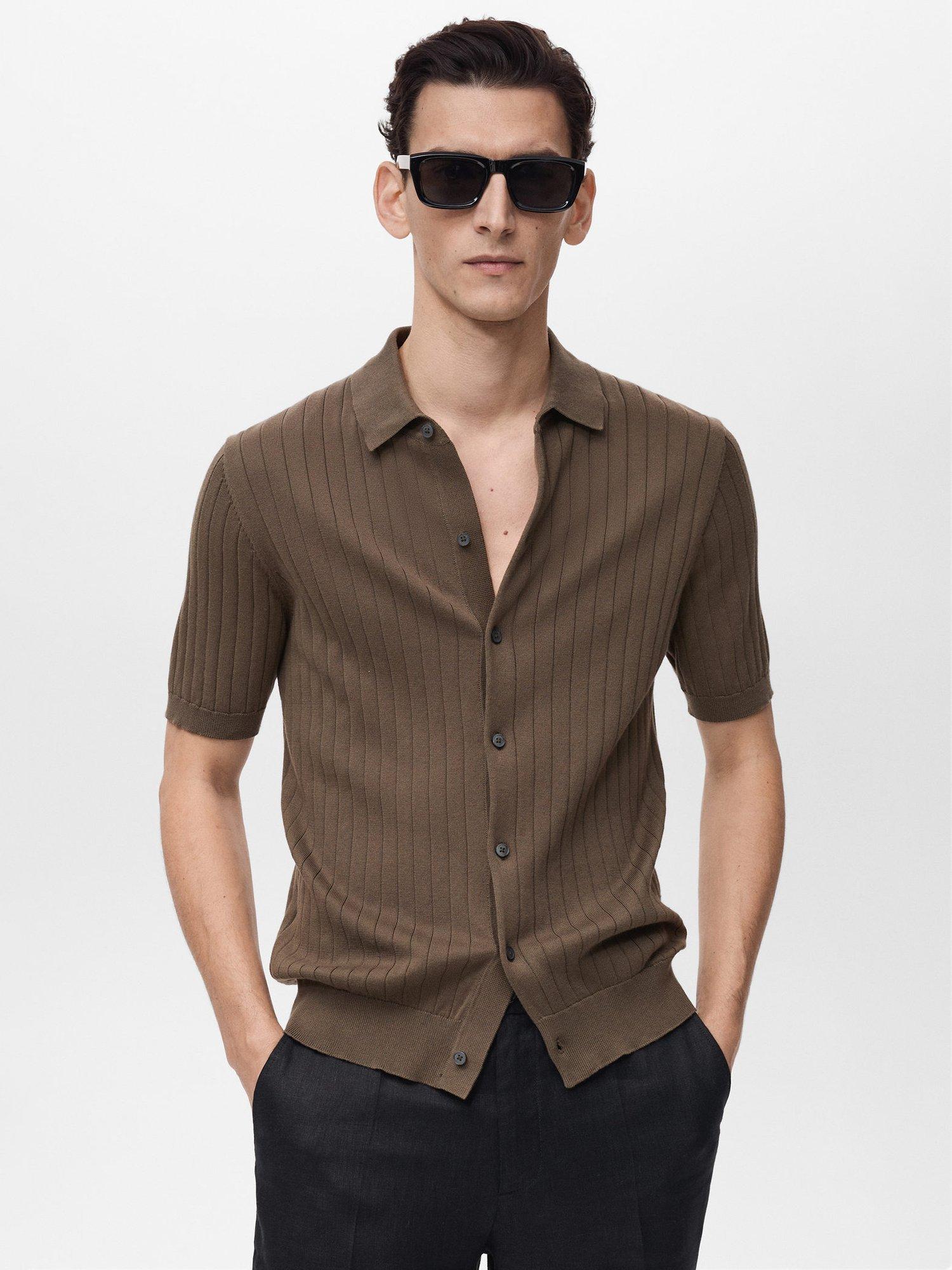 Product image 1 of 8, which shows Mango Ribbi Embossed Stripe Cotton Regular Fit Shirt, Dark Brown, S