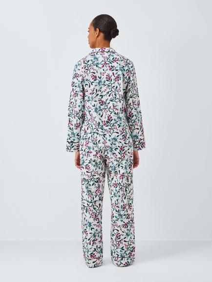 John Lewis Botanical Bird Print Brushed Cotton Long Pyjama Set, Ivory - view 2, Ivory