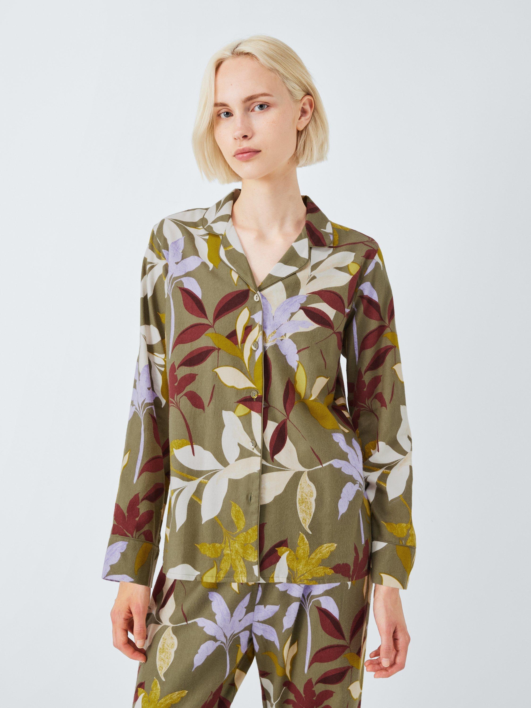 Product image 1 of 5, which shows John Lewis Leaf Print Brushed Cotton Long Pyjama Set, Khaki, 8