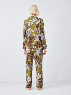 John Lewis Leaf Print Brushed Cotton Long Pyjama Set, Khaki - view 2, Khaki