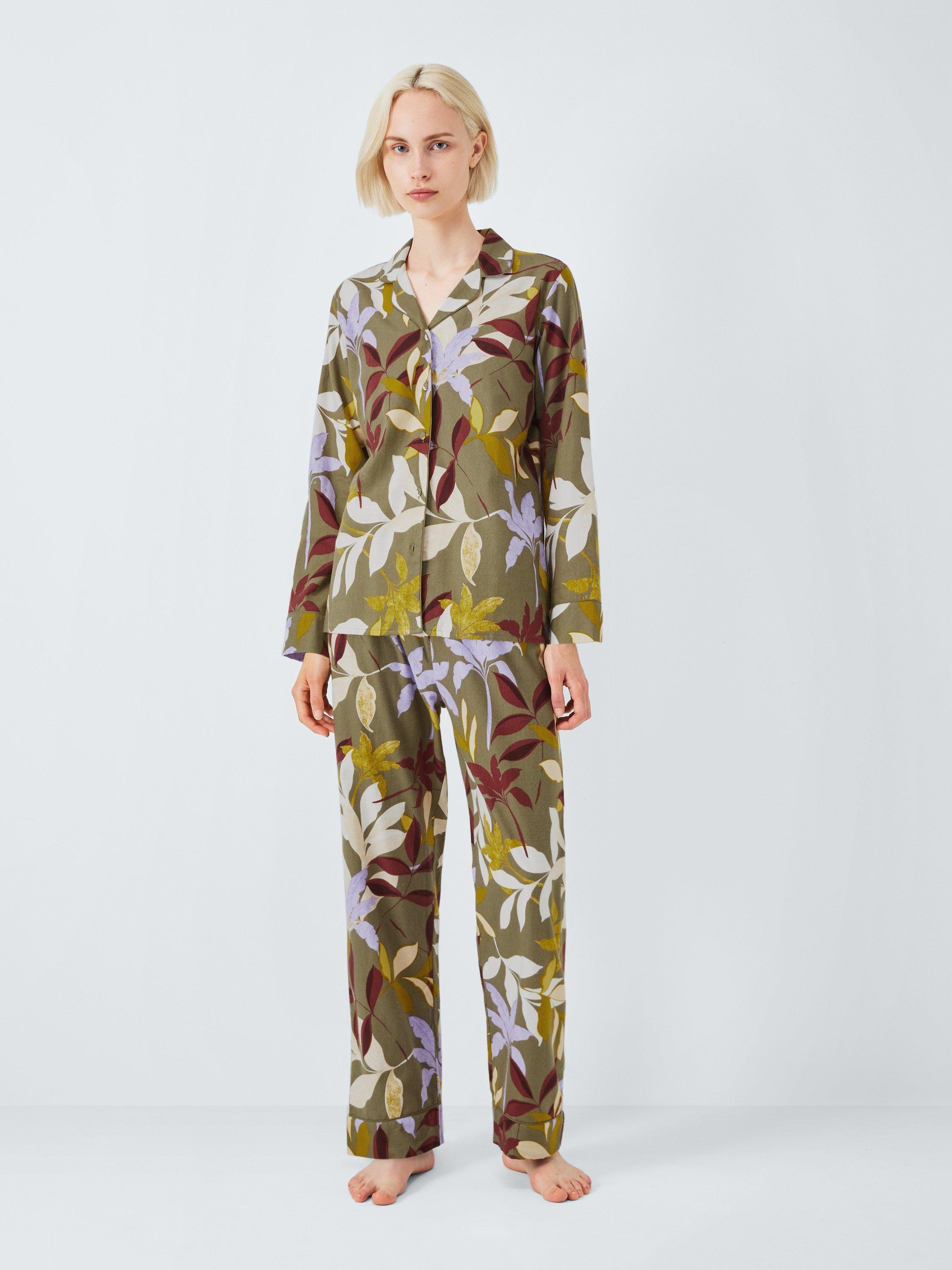 Product image 3 of 5, which shows John Lewis Leaf Print Brushed Cotton Long Pyjama Set, Khaki, 8