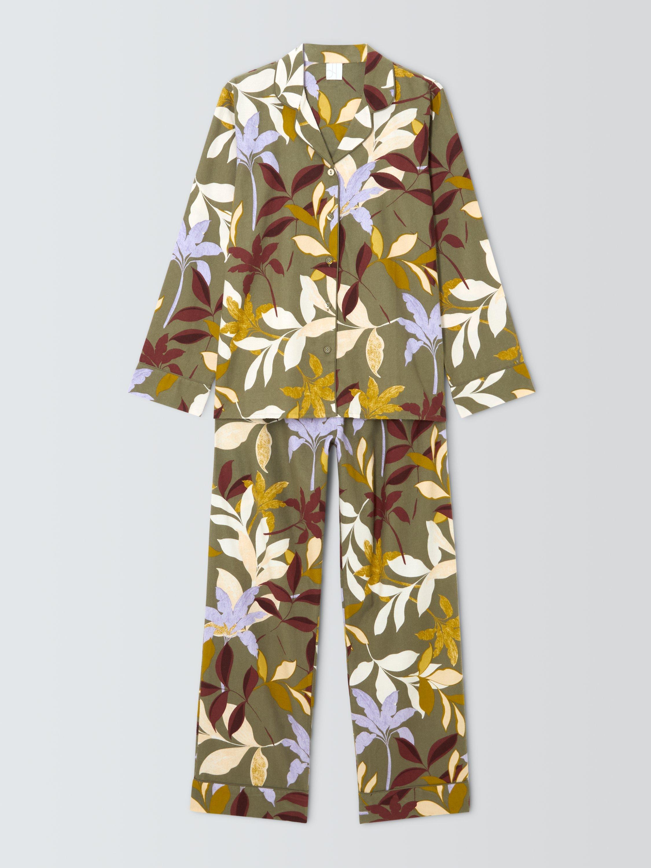 Product image 4 of 5, which shows John Lewis Leaf Print Brushed Cotton Long Pyjama Set, Khaki, 8