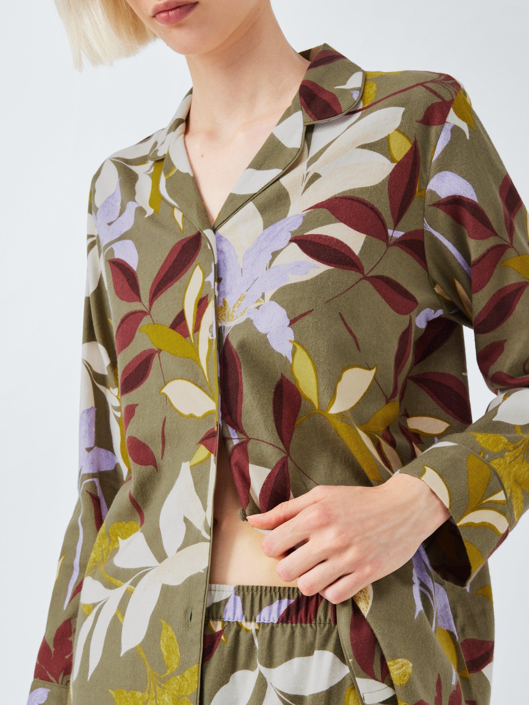 Product image 5 of 5, which shows John Lewis Leaf Print Brushed Cotton Long Pyjama Set, Khaki, 8