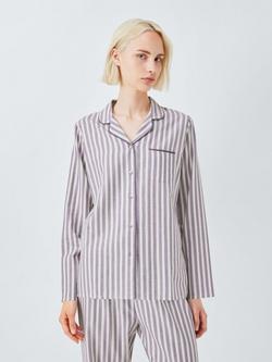 John Lewis Herringbone Stripe Brushed Cotton Long Pyjama Set, Ivory/Purple Sage, Ivory/Purple Sage