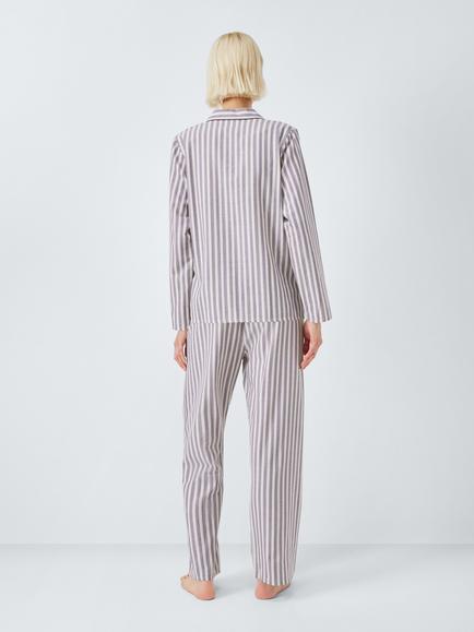John Lewis Herringbone Stripe Brushed Cotton Long Pyjama Set, Ivory/Purple Sage - view 2, Ivory/Purple Sage