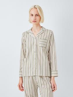 John Lewis Highland Stripe Brushed Cotton Long Pyjama Set, Ivory/Green, Ivory/Green
