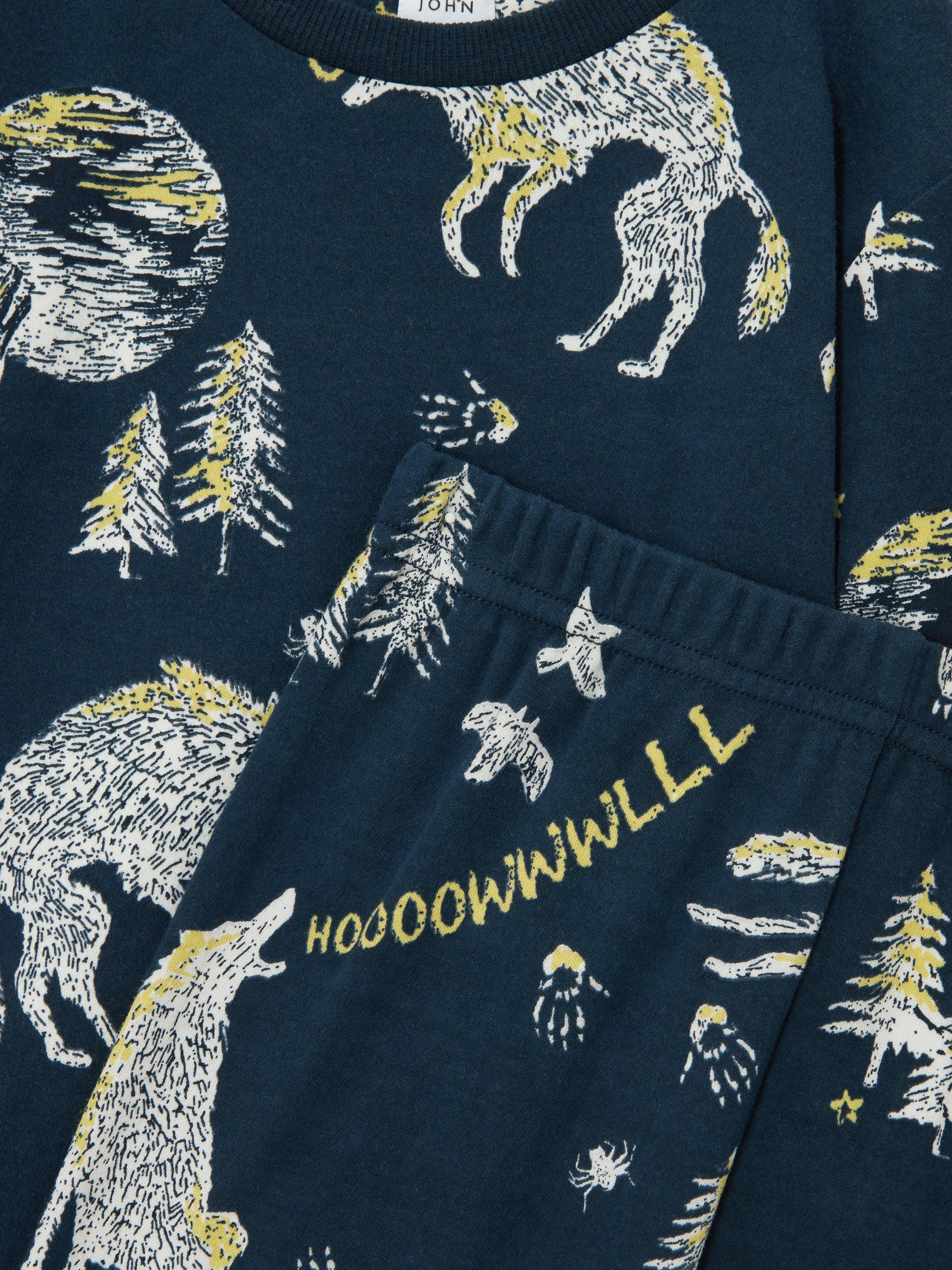 Product image 3 of 6, which shows John Lewis Kids' Wolves Glow in the Dark Pyjamas, Blue, 7 years