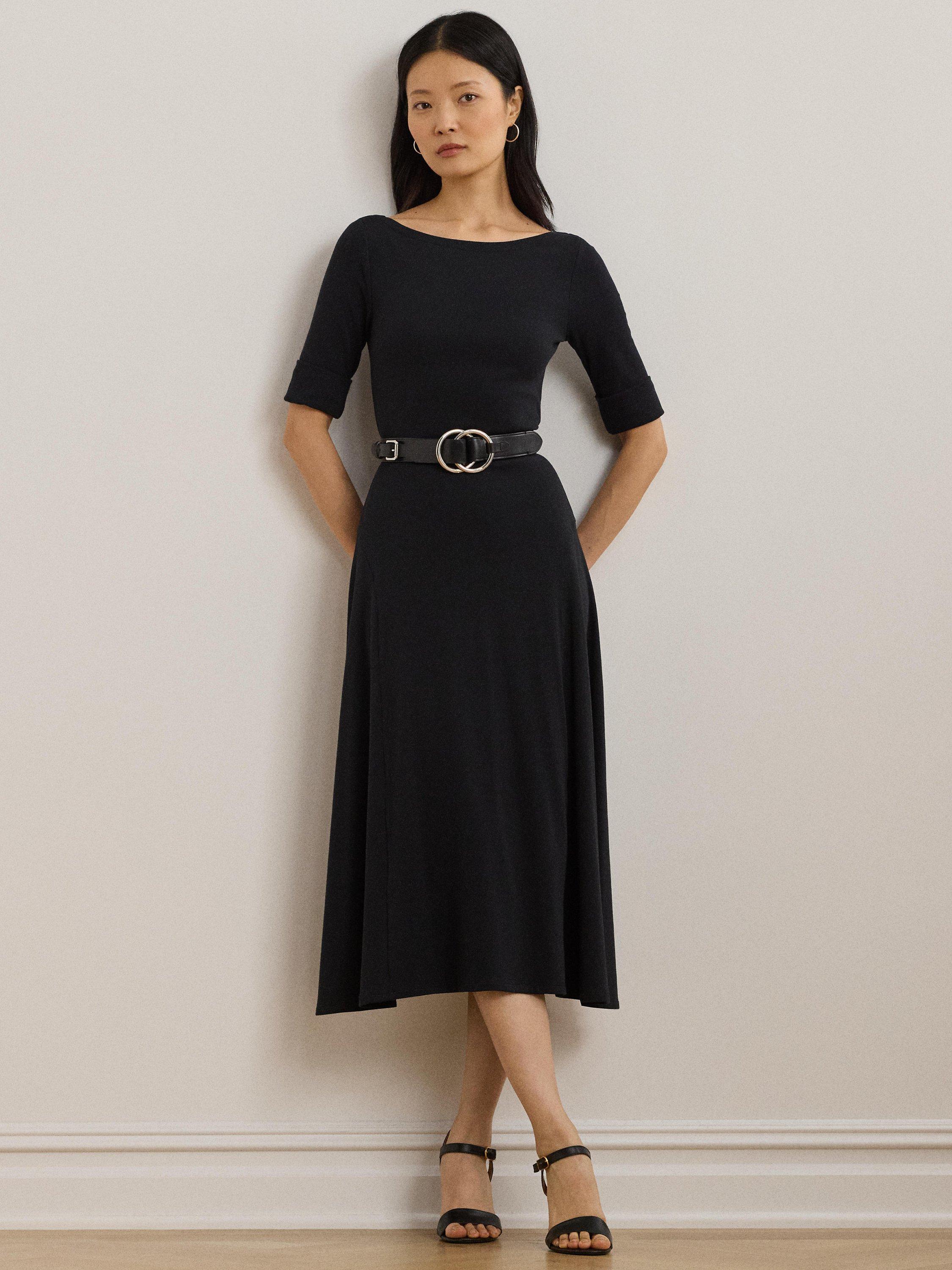 Product image 1 of 4, which shows Lauren Ralph Lauren Munzie Rib Knit Stretch Cotton Midi Dress, Black, XXS