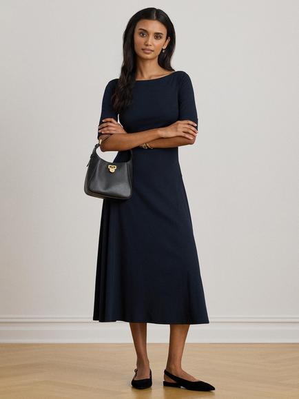 Lauren Ralph Lauren Munzie Rib Knit Stretch Cotton Midi Dress, Lighthouse Navy, Lighthouse Navy
