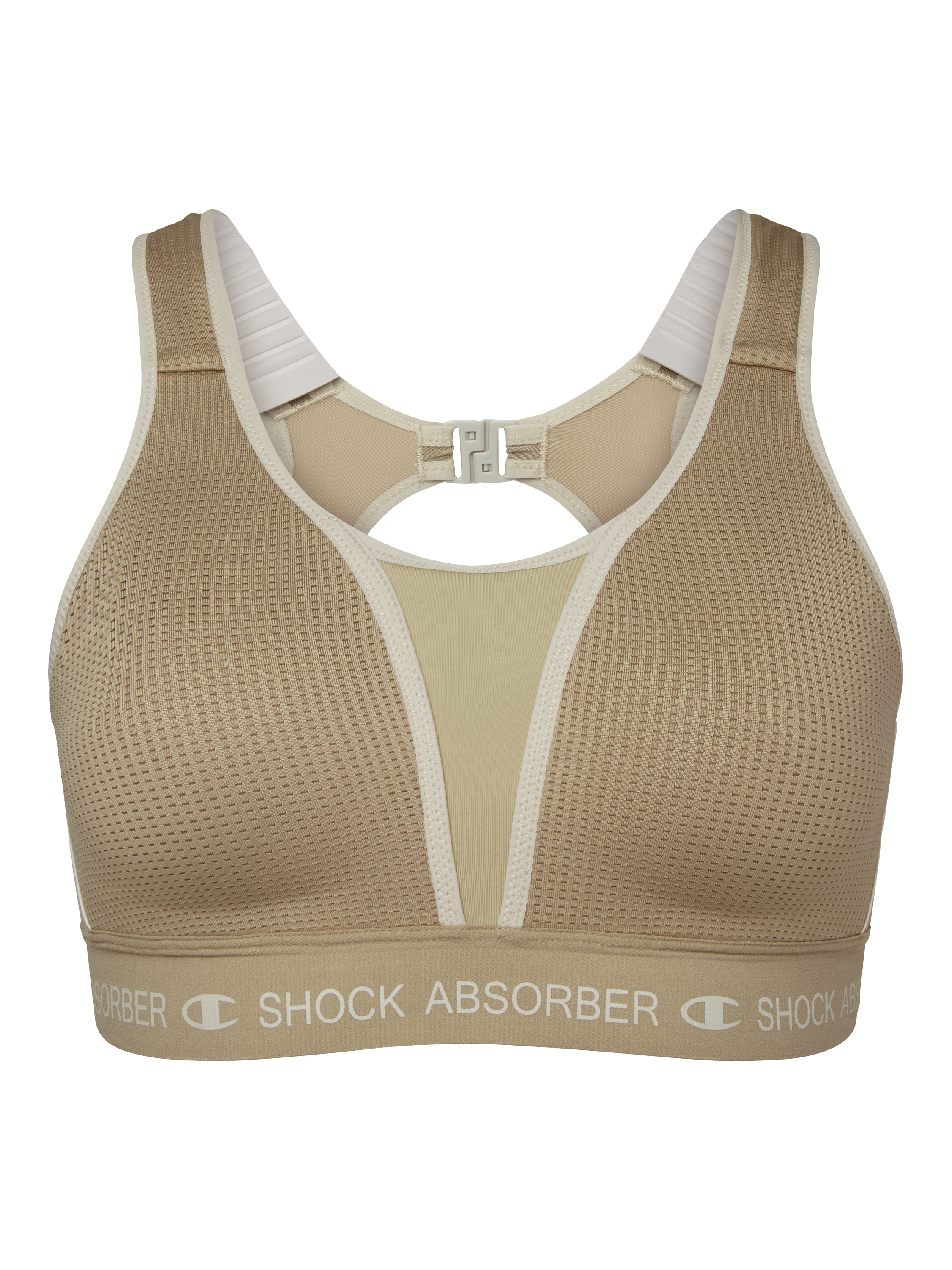 Product image 2 of 2, which shows Shock Absorber Ultimate Padded Textured Sports Bra, Sand Pepper Khaki, 32B