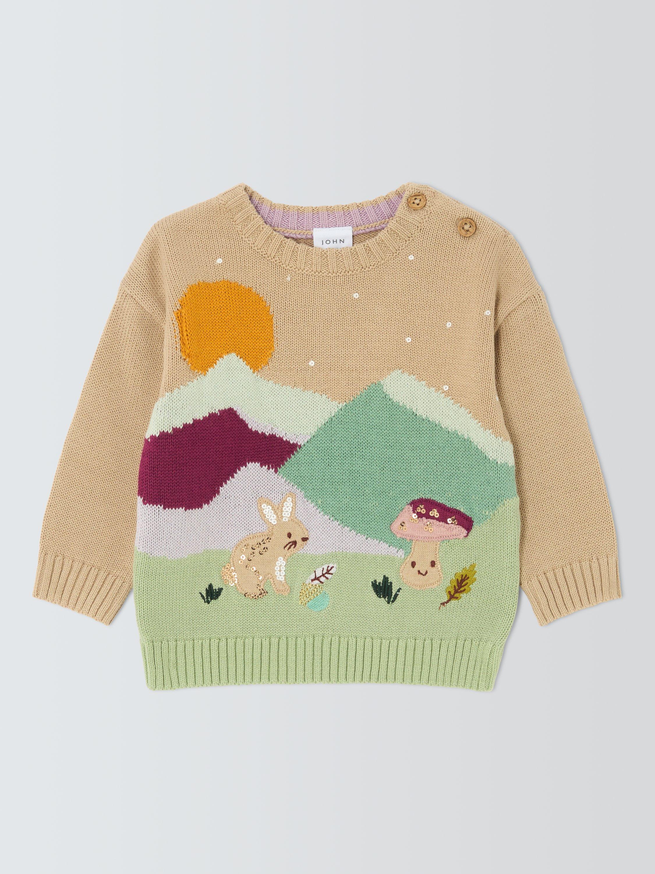 Product image 1 of 3, which shows John Lewis Baby Bunny Scene Knitted Jumper, Multi, 0-3 months