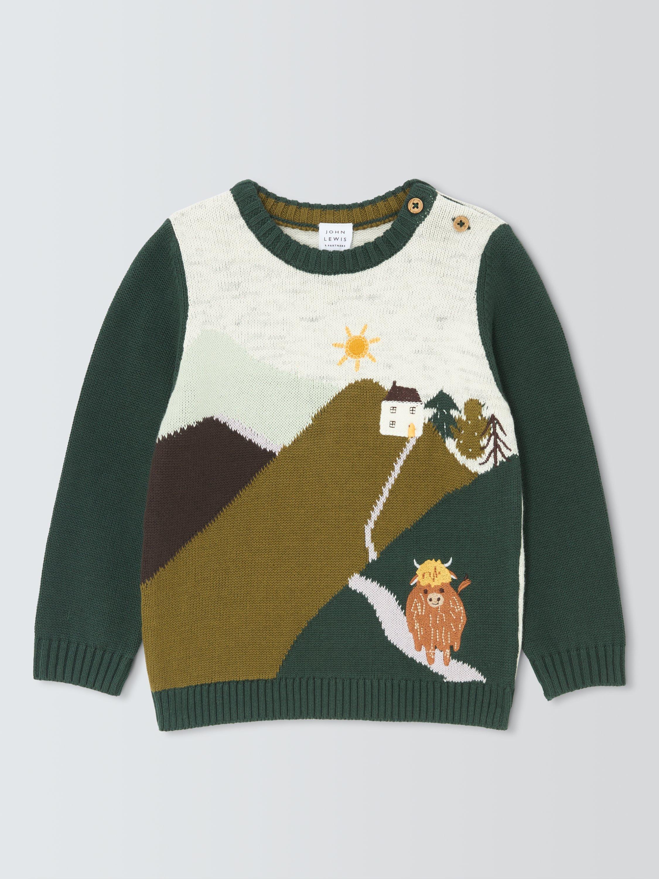 Product image 1 of 3, which shows John Lewis Baby Cow Scene Knitted Jumper, Multi, 3-6 months