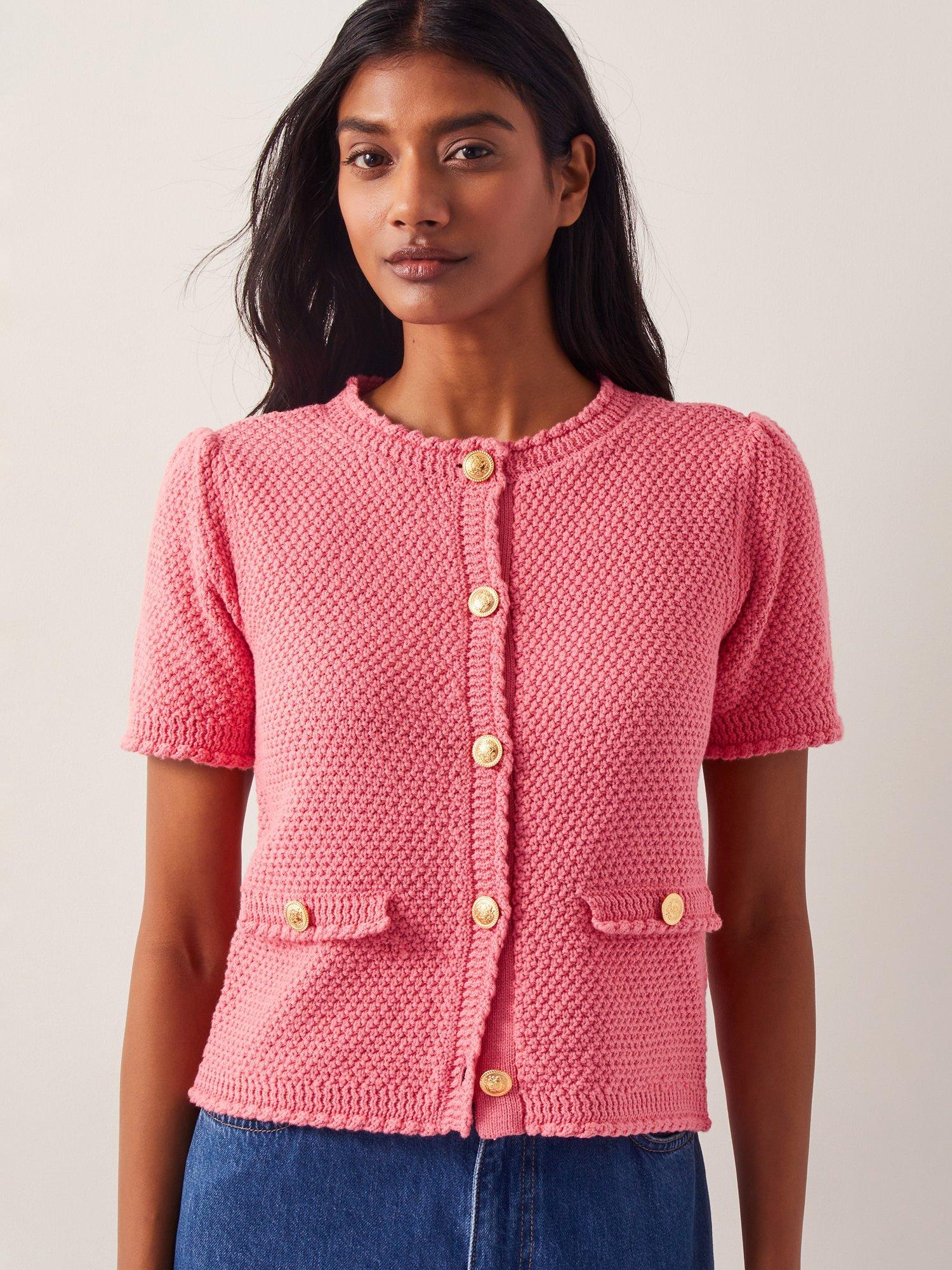 Product image 1 of 5, which shows Monsoon Sami Textured Short Sleeve Cardigan, Pink, M