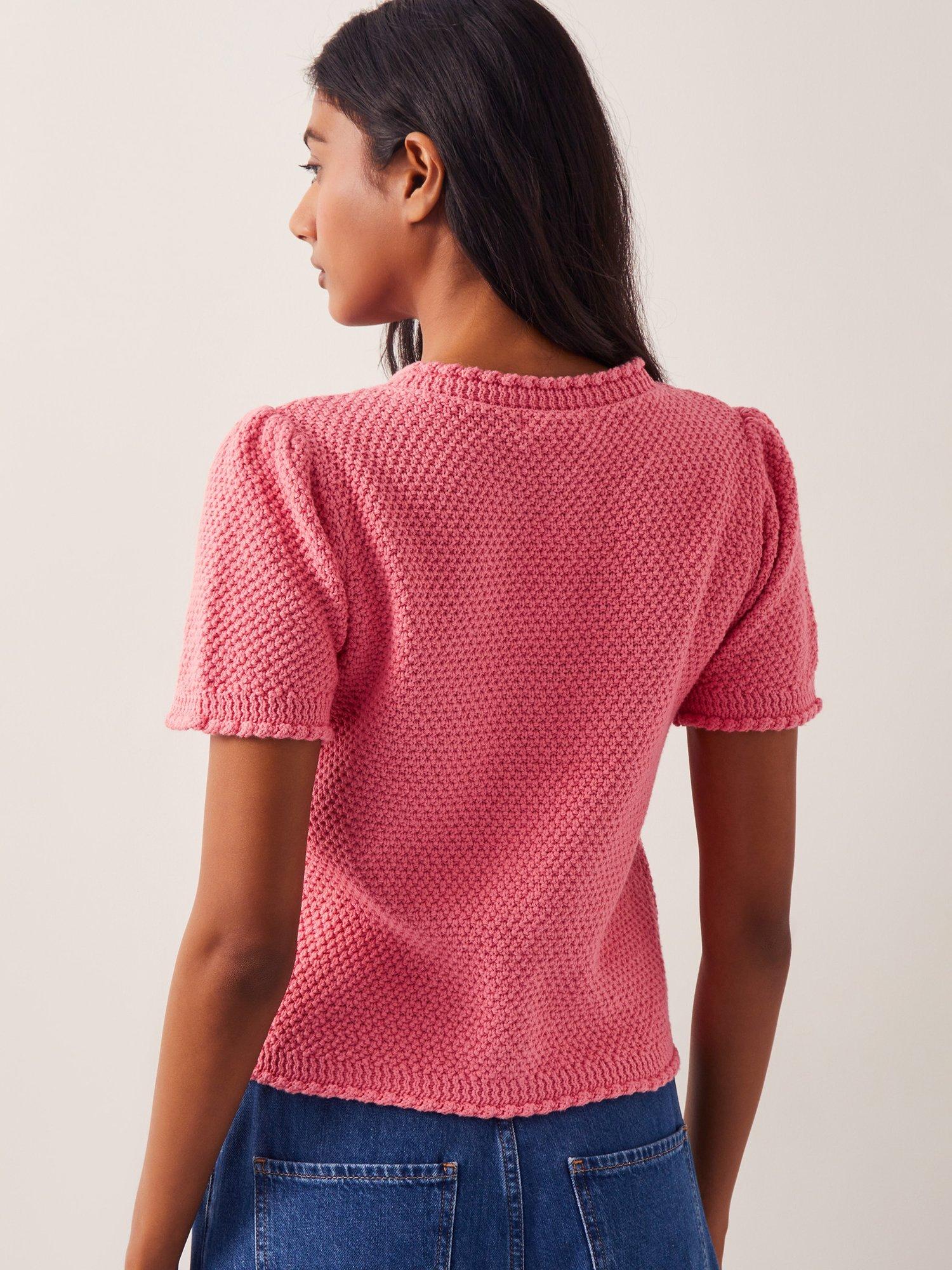 Product image 2 of 5, which shows Monsoon Sami Textured Short Sleeve Cardigan, Pink, M