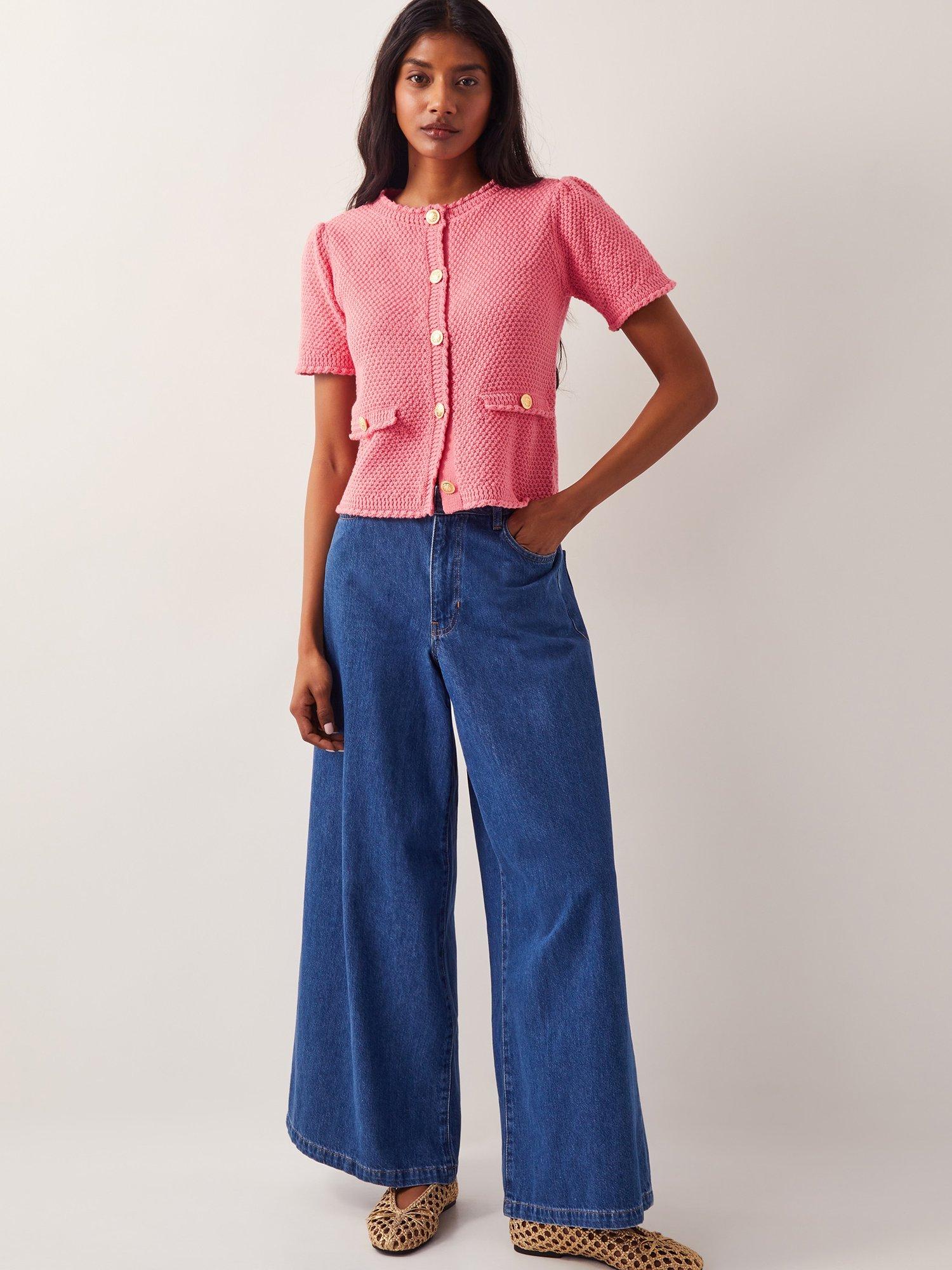Product image 3 of 5, which shows Monsoon Sami Textured Short Sleeve Cardigan, Pink, M