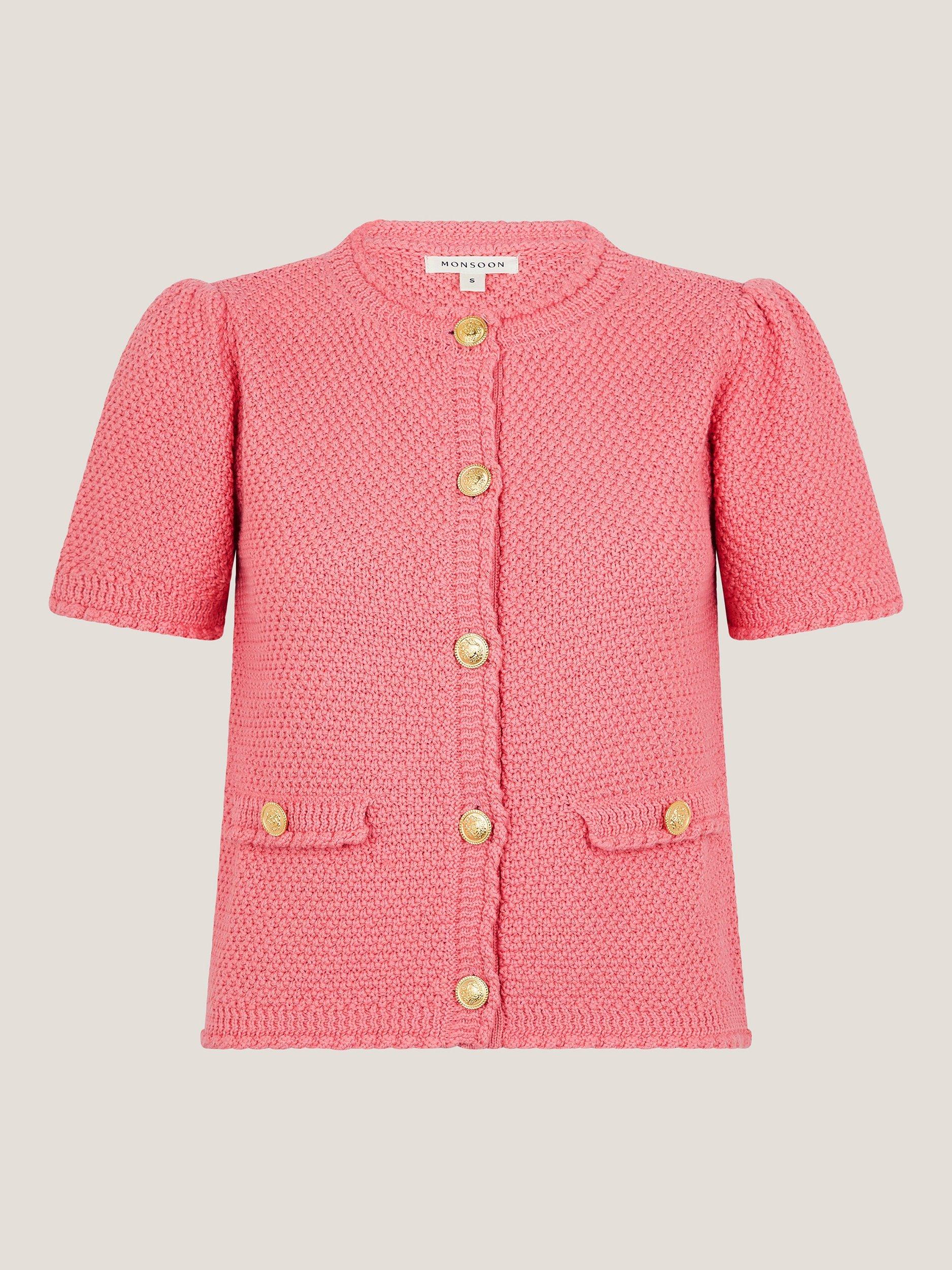 Product image 4 of 5, which shows Monsoon Sami Textured Short Sleeve Cardigan, Pink, M