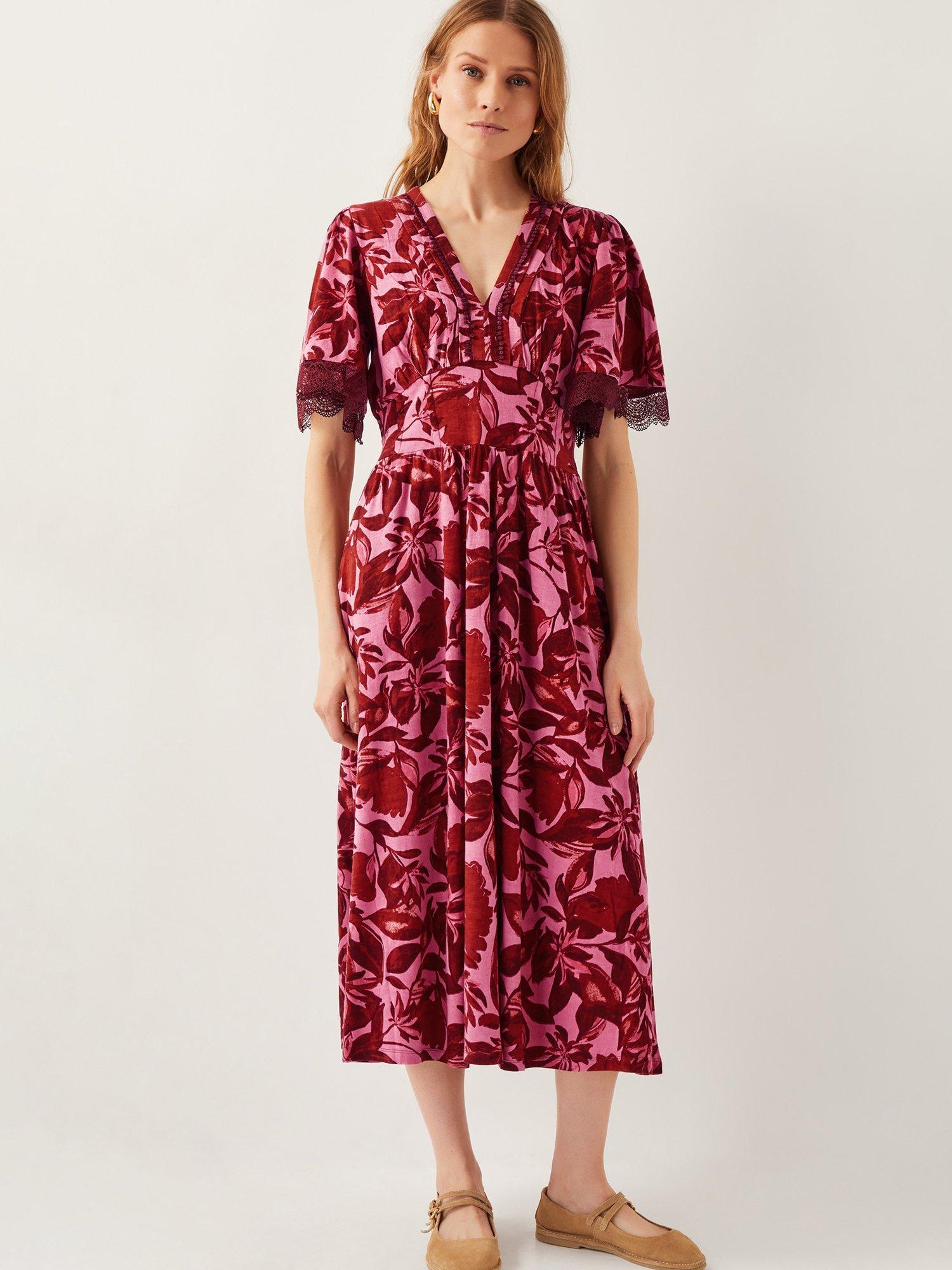 Product image 1 of 5, which shows Monsoon Aimee Floral Midi Dress, Pink/Multi, S