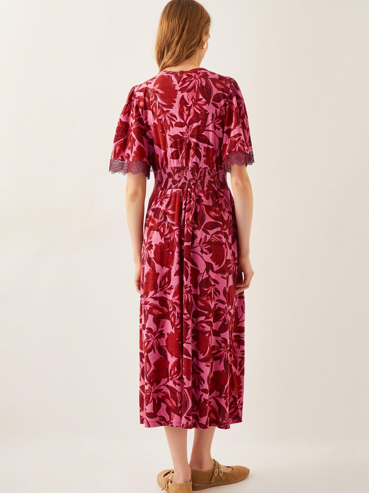 Product image 2 of 5, which shows Monsoon Aimee Floral Midi Dress, Pink/Multi, S