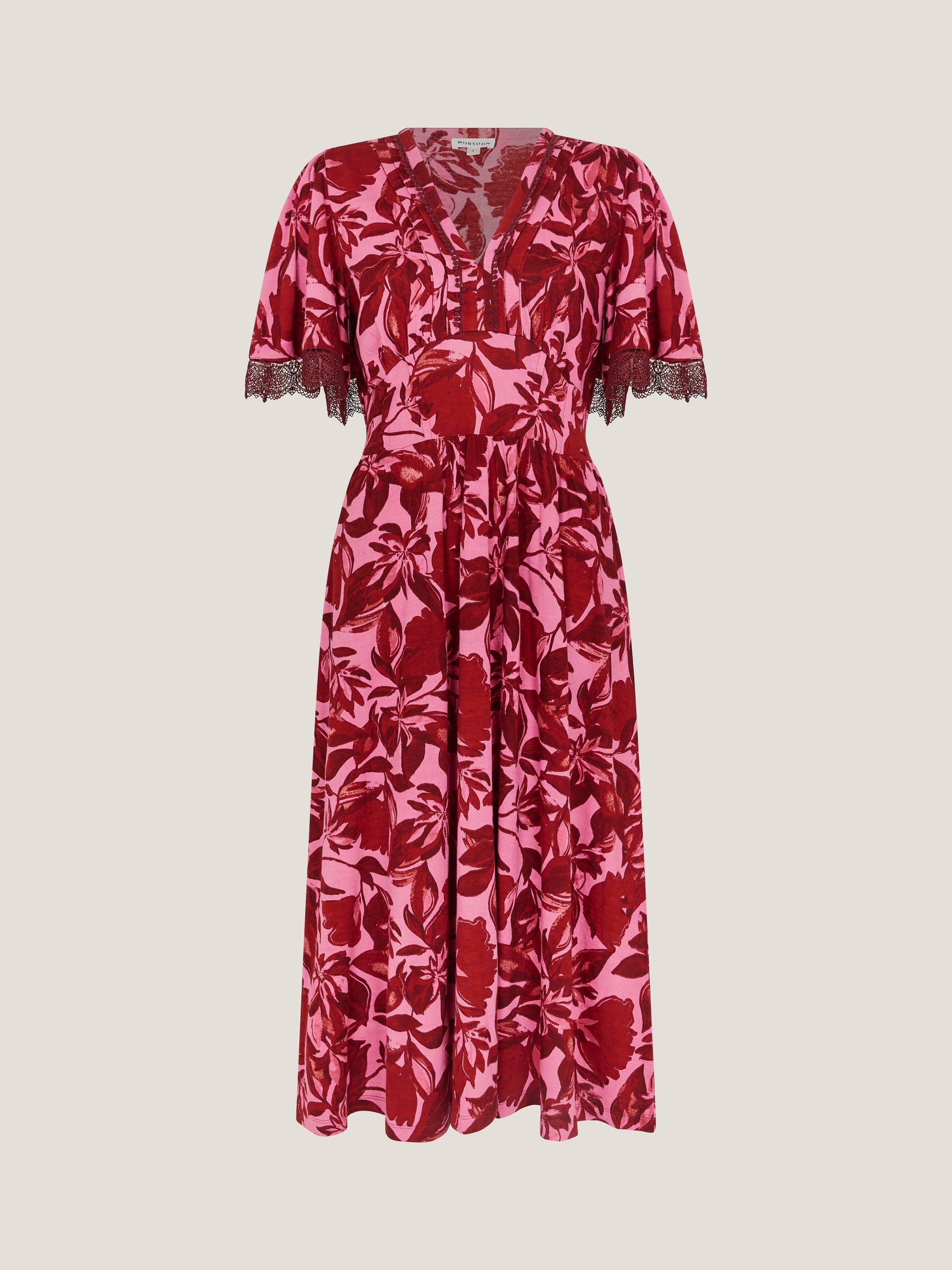 Product image 3 of 5, which shows Monsoon Aimee Floral Midi Dress, Pink/Multi, S