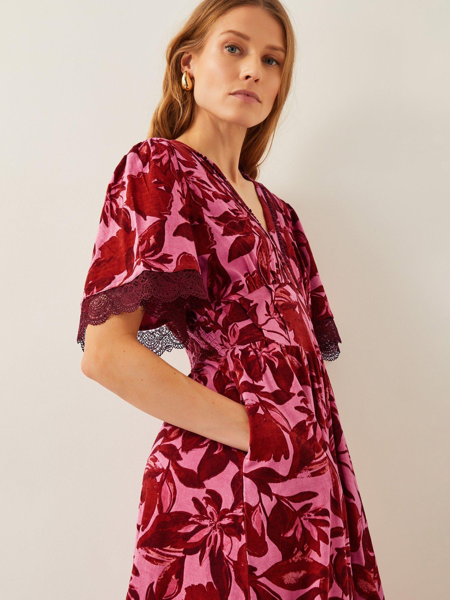 Product image 4 of 5, which shows Monsoon Aimee Floral Midi Dress, Pink/Multi, S