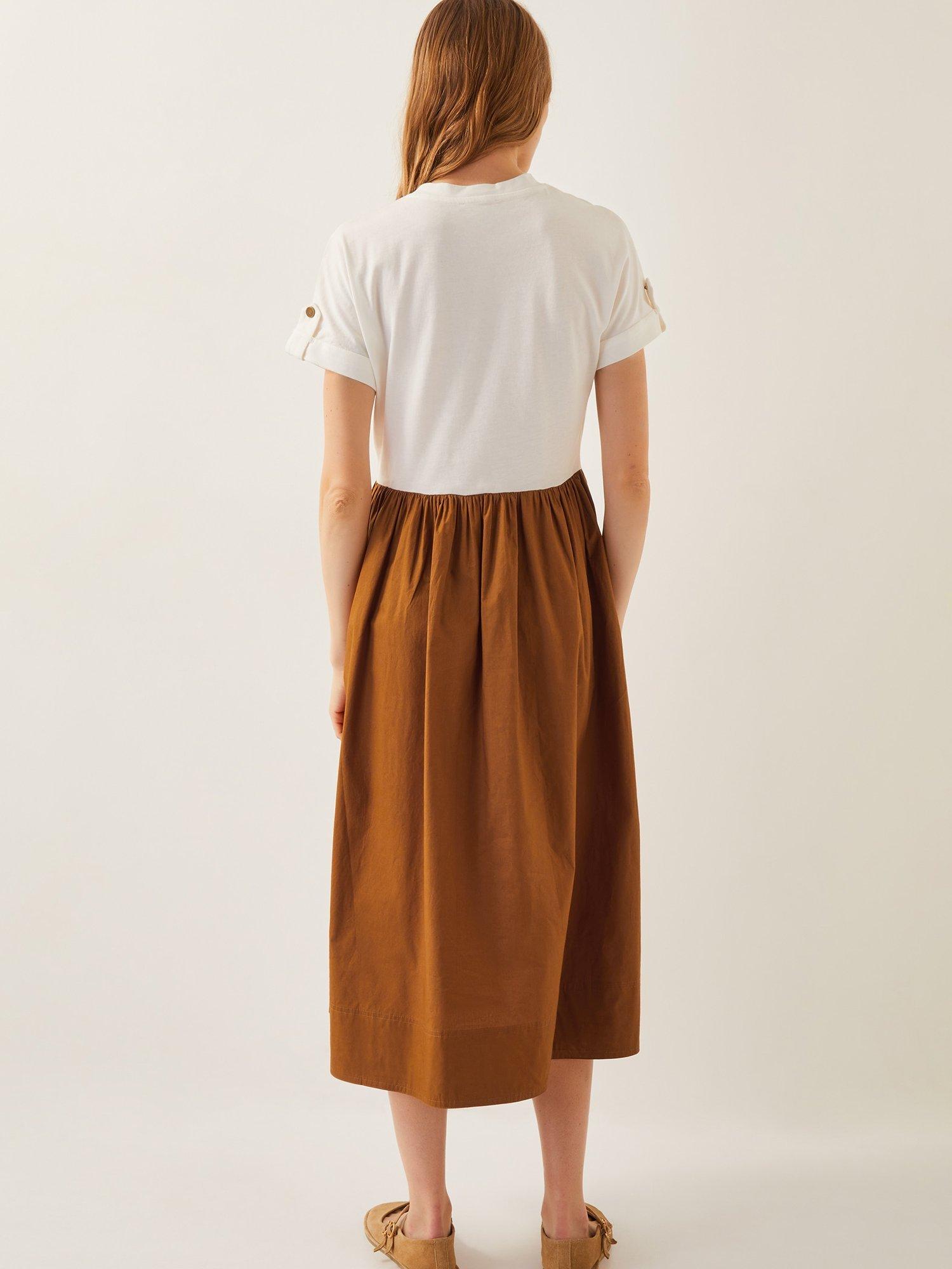 Product image 2 of 5, which shows Monsoon Cali Contrast T-Shirt Midi Dress, Cream/Camel, S