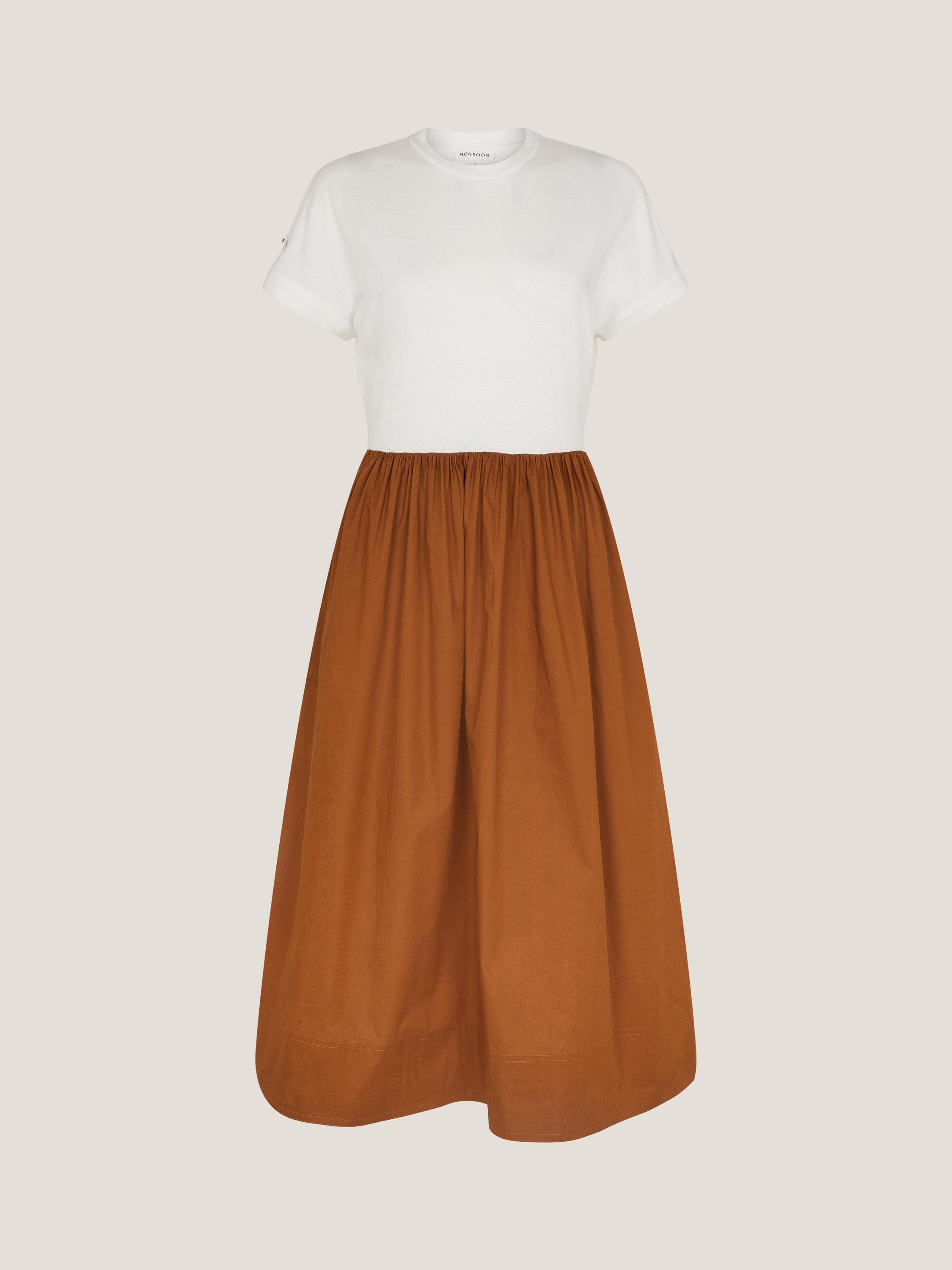 Product image 3 of 5, which shows Monsoon Cali Contrast T-Shirt Midi Dress, Cream/Camel, S