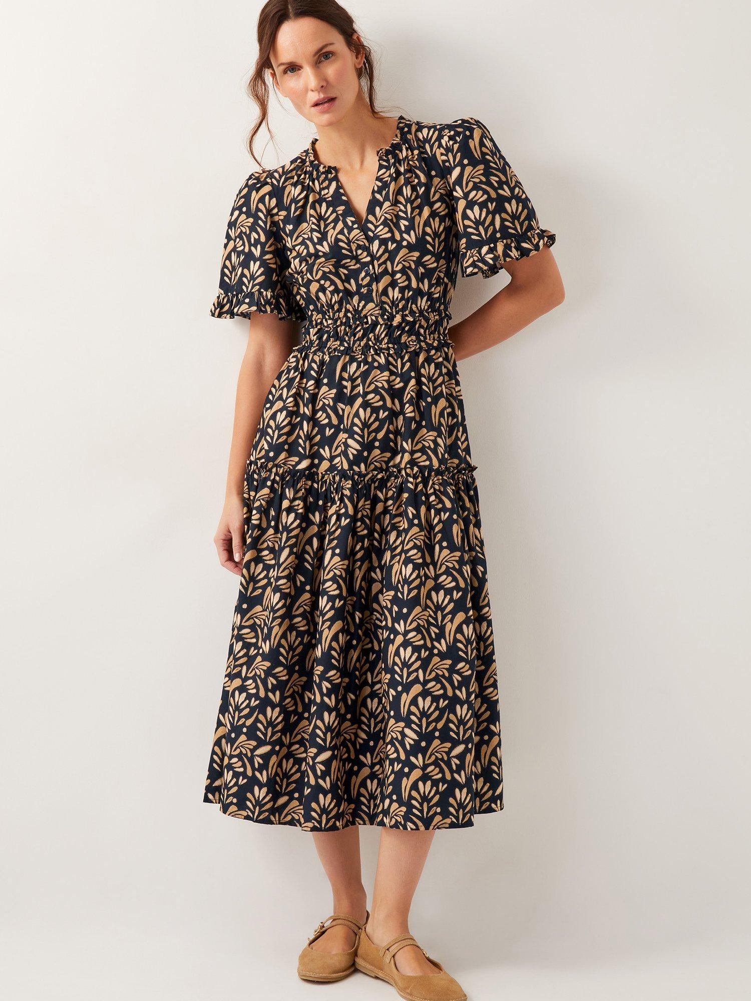 Product image 1 of 5, which shows Monsoon Bryony Cotton Botanical Ruffle Midi Dress, Black/Beige, S