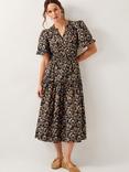 Monsoon Bryony Cotton Botanical Ruffle Midi Dress, Black/Beige